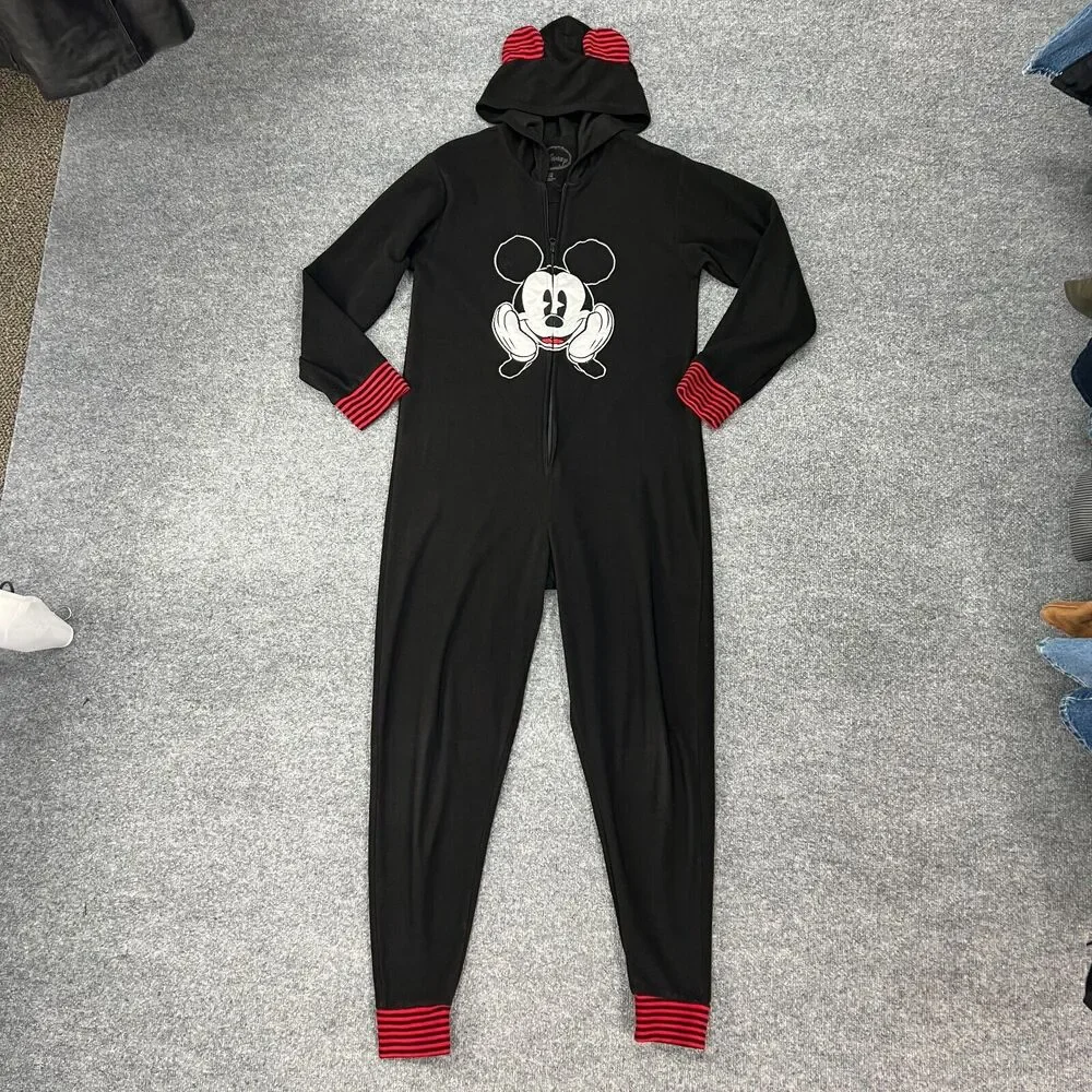 Disney Mickey One Piece Pajama Youth Girls S Small Zip Front Footless Hooded PJs
